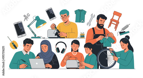 Diverse Group Engaged in Repairing Electronics, Appliances, Clothes & Bikes. DIY Culture, Sustainability & Secondhand Economy. Fixing broken items.