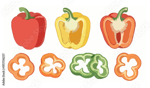 Watercolor pepper set hand drawn sliced and whole vegetables isolated on white background