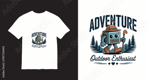 Robot outdoor enthusiast on hiking adventure with backpack and walking stick