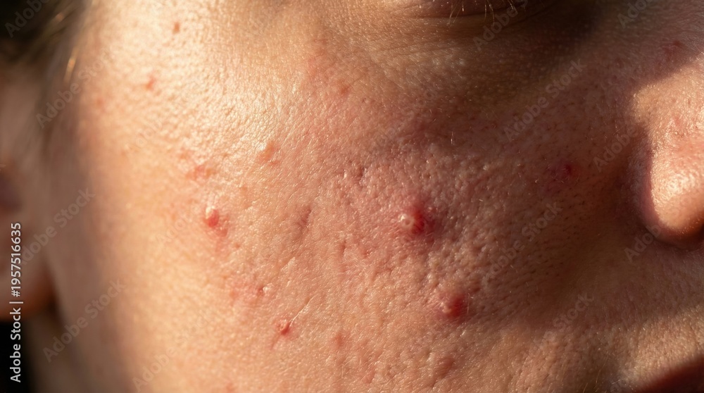 Naklejka premium Extreme close up of human skin with acne and inflammation. Highlights common dermatological issues and texture. Perfect for medical articles or skincare product marketing.