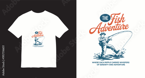 The fish adventure t-shirt design featuring fisherman wading in water with rod and reel illustration