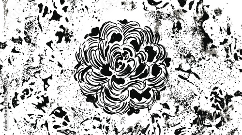 A black and white flower illustration on a textured background with splatters