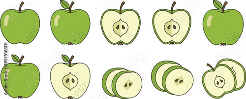 Set of Fresh Green Apple Vector Illustrations Featuring Whole Fruits, Half Slices with Seeds, and Circular Sections Isolated on White for Healthy Food Branding