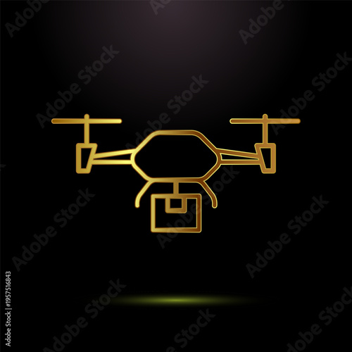 Outline of golden delivery drone carrying package on black background