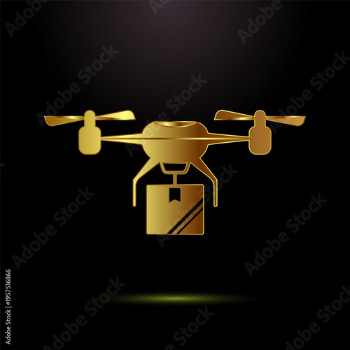 Golden drone with package on black background illustrating modern delivery
