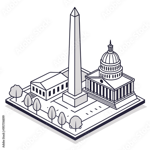 A black and white vector illustration of the Washington D.C. monuments and capitol building