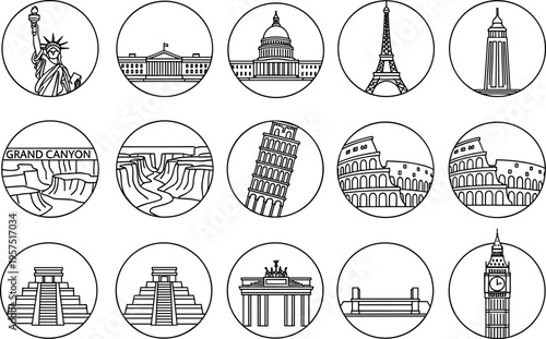World landmark line icon set featuring Statue of Liberty Eiffel Tower Colosseum Big Ben and famous monuments, outline travel destination symbols collection in circle frames