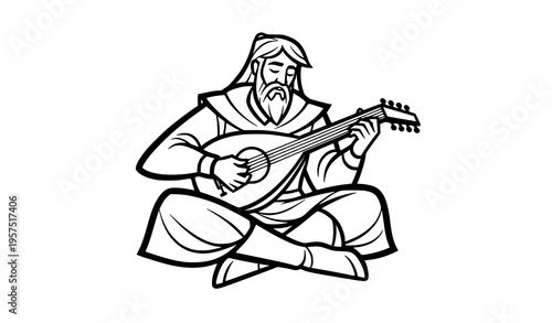 Medieval bard playing lute seated line art character simple outline vector illustration isolated on white background