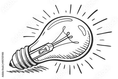 Hand drawn line art illustration of a glowing incandescent light bulb representing a creative idea or inspiration vector image