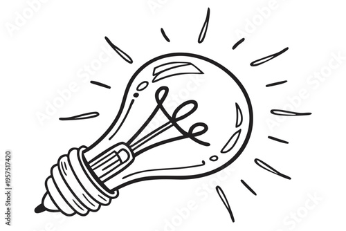 Hand drawn line art illustration of a glowing incandescent light bulb representing a creative idea or inspiration vector image