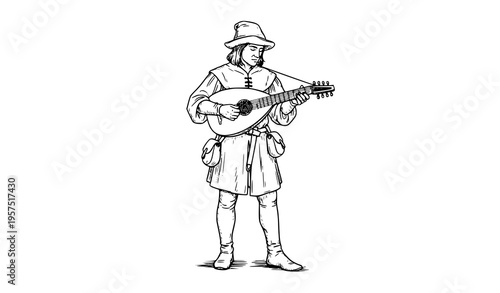 Medieval troubadour playing lute hand drawn line art bard musician vector illustration isolated on white