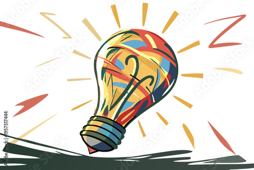 Hand drawn line art illustration of a glowing incandescent light bulb representing a creative idea or inspiration vector image