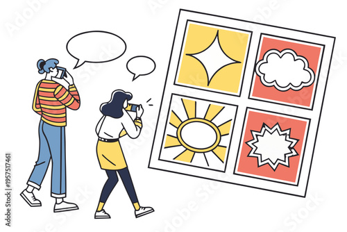 Flat illustration of people taking photos of modern art frames in a gallery or museum exhibition vector image