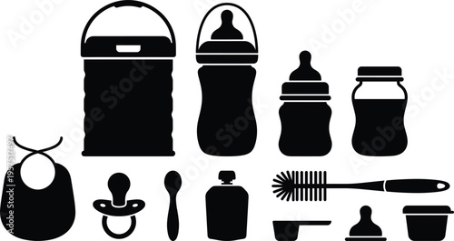 Baby Feeding Accessories Silhouette Set Including Milk Bottles Pacifier Spoon Bib Brush and Storage Containers for Infant Care Design