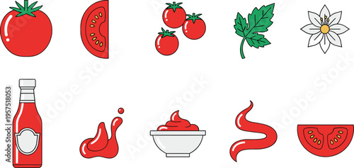 Red Tomato and Ketchup Icon Set Featuring Fresh Slices Cherry Tomatoes Sauce Bottle Splashes and Bowl for Culinary Apps Food Packaging and Cooking Guides