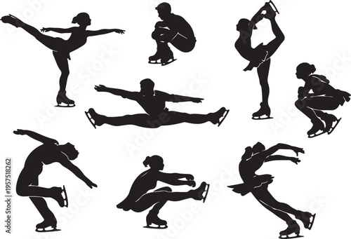Black silhouettes of professional figure skaters performing jumps and spins on ice, isolated on white background
