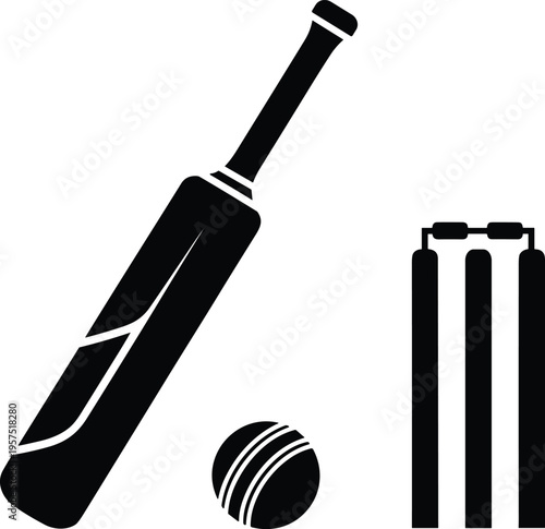 Cricket Bat Ball and Stumps Silhouette Vector Design