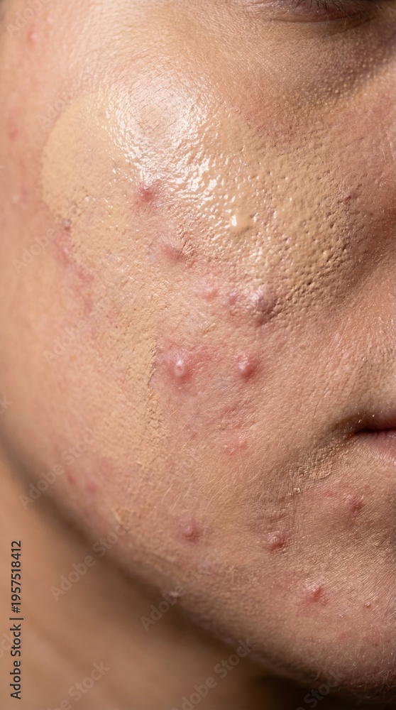 Naklejka premium Close up of foundation applied over inflamed acne. Shows struggles with skin imperfections and beauty standards. Ideal for dermatology, makeup tutorials, or skincare articles.