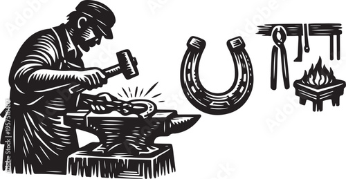 Blacksmith’s horseshoe woodcut engraving Silhouette vector