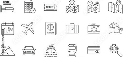 Set of travel and tourism icons, thin line style, vector illustration for vacation, trip, transport, and hotel booking 