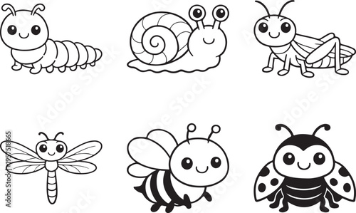 Cute Insect Line Art Set, smiling bee dragonfly caterpillar snail ladybug and grasshopper set vector 