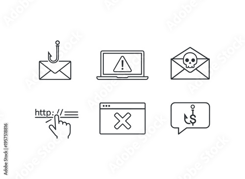 Outline line icons illustrating common phishing techniques