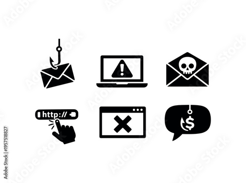 Solid black icons of phishing methods and warning signs