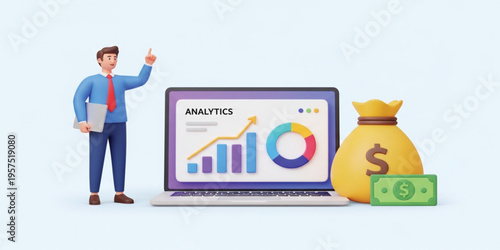 3D Business Analytics and Financial Growth Concept with Businessman, Laptop Dashboard Charts, Revenue Increase, Investment Profit, Data Analysis Illustration