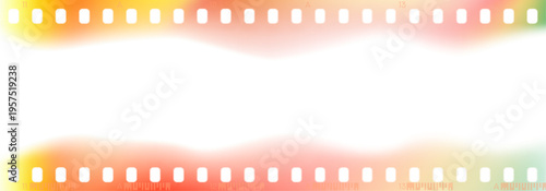 Bright light leak effect of film frames. Colorful film strip border with sprocket holes. 35 mm film frame video tape border with burn gradient. Vector analog film frame with transparent overlay effect