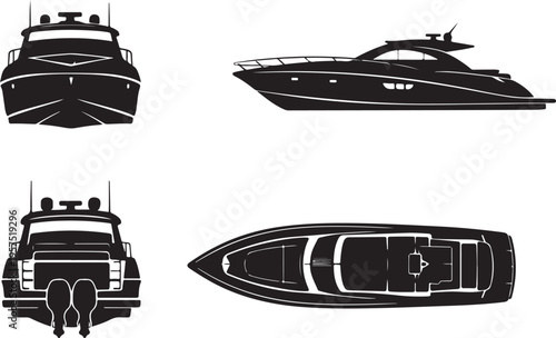 Modern motorboat silhouette set with front, side, rear and top views, luxury leisure boat collection