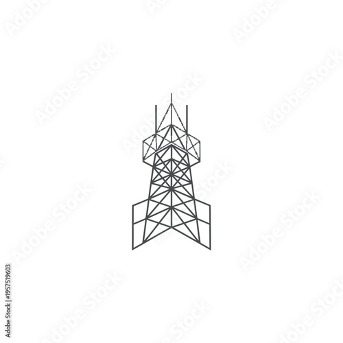 Communication Tower Pylon Structure Outline, Line Art on Isolated White Background