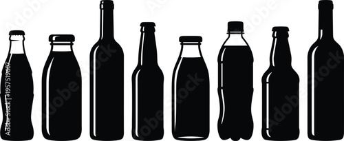 Beverage Bottle Silhouettes Collection Featuring Soda Beer Water and Wine Containers for Drink Packaging Design Illustration Set