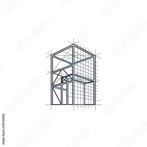 Architectural Building Structure Framework Blueprint Outline, Line Art on Light Grey Background