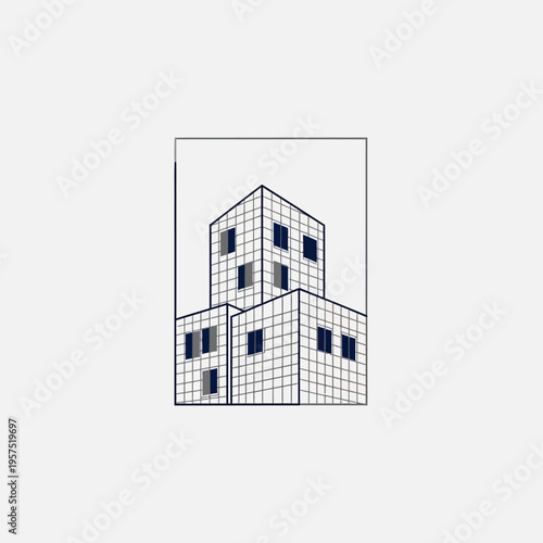 Geometric Architectural Building Structure Line Art Design within a Square Frame in Bright Studio