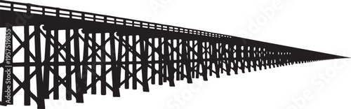 Silhouette of a long wooden trestle bridge stretching away silhouette vector on white background