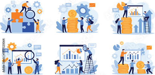 Business Analytics and Financial Growth Illustration Set with Teamwork, Data Analysis, Charts, Investment, and Strategy Concepts for Web, Apps, and Presentation Design