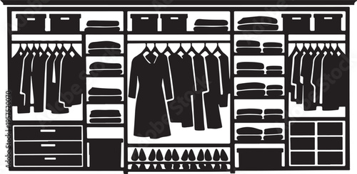 Walk-in closet organization system silhouette outline with hanging clothes and shelving