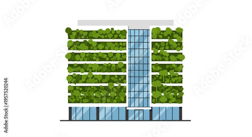 Green Building with Vertical Garden. Sustainable Urban Architecture, Eco-Friendly City Skyscraper. Flat Vector Illustration on White Background.
