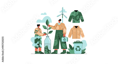 Sustainable Living, Eco-Friendly Fashion & Recycling. People Promoting Green Practices, Renewable Energy, and Circular Economy for a Healthy Planet.