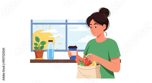 Sustainable morning: Woman with fresh produce, reusable coffee cup, and water by sunny window