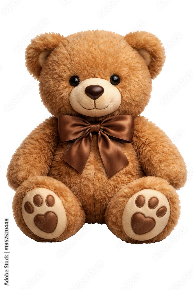 Fototapeta premium Cute Fluffy Brown Teddy Bear with Satin Bow and Heart Paw Pads Isolated