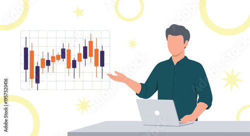 Businessman analyzing stock market data with laptop and candlestick chart