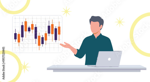 Financial analysis, man presenting stock market candlestick chart with laptop