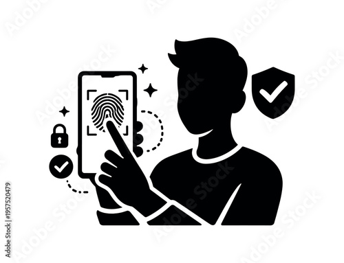 Person using fingerprint authentication on smartphone, biometric security confirmed