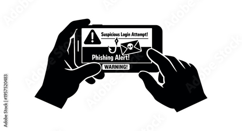 Smartphone with phishing alert held by hands, warning notification on screen