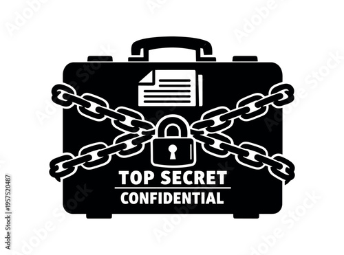 Monochrome icon of a document briefcase wrapped in chains with a padlock and "top secret confidential" label