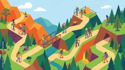 Colorful Hiking Trails Isometric Landscape with Passengers and Nature
