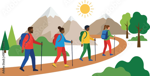 Hiking Adventure on Scenic Trails with Isometric View