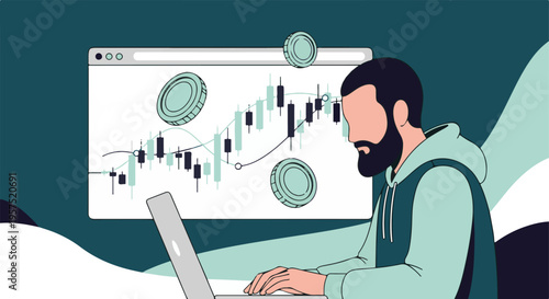Man on laptop with trading chart and coins, online finance concept