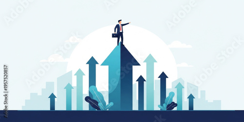 Business Growth and Success Concept with Businessman Standing on Upward Arrow, Leadership Vision, Career Progress, Financial Achievement, Corporate Development Illustration